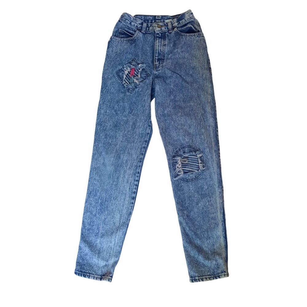 Vintage 1980s Sasson Women's Acid Wash Straight Leg Jeans Embellished Hi Rise OS